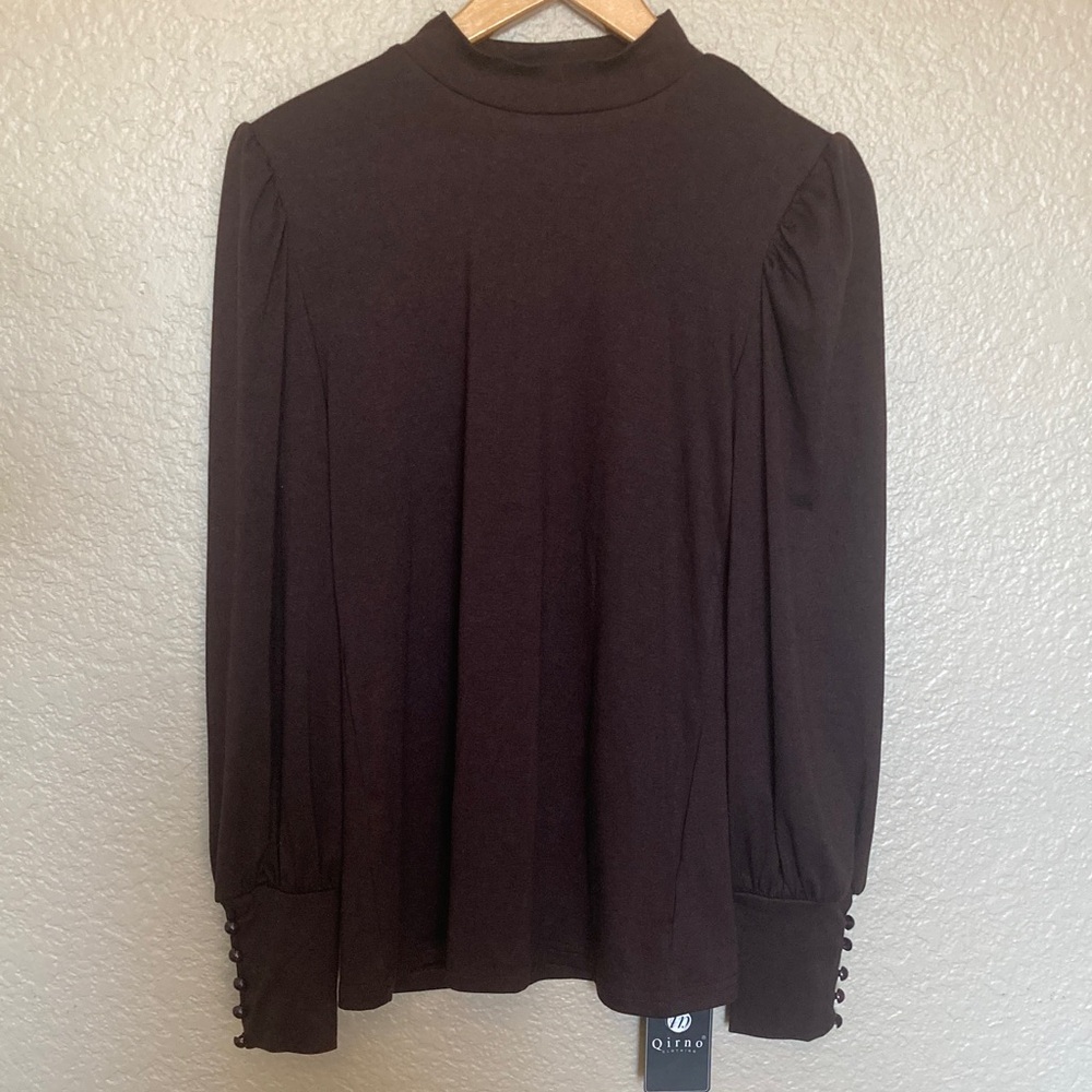 NWT Qirno Mock Neck Puff Long Sleeve Casual Loose Solid Brown Button Cuffs Blous